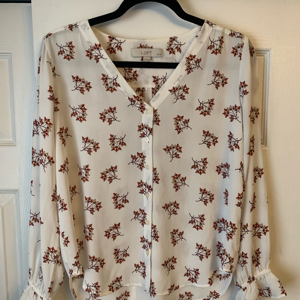 LOFT White Blouse with Red Floral Print